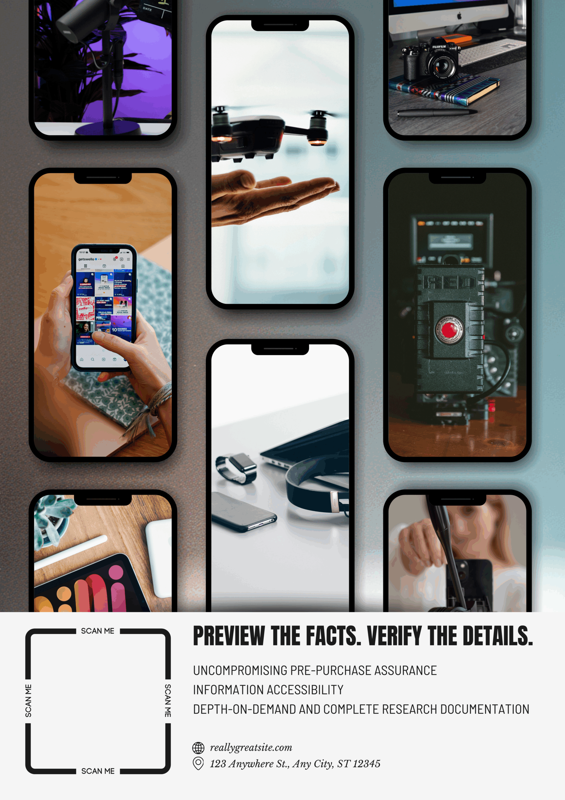 A collage of smartphones displaying various tech-related images, including a drone, camera, and different gadgets, highlighting the theme of technology and information accessibility.